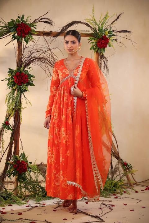 Women's Beautiful Orange Full Sleeve A-line Flare Flower Print Anarkali Kurti for Womens |Ethnic Set | Dupatta Set | Suit Set | Kurta Set | Wedding Suit
