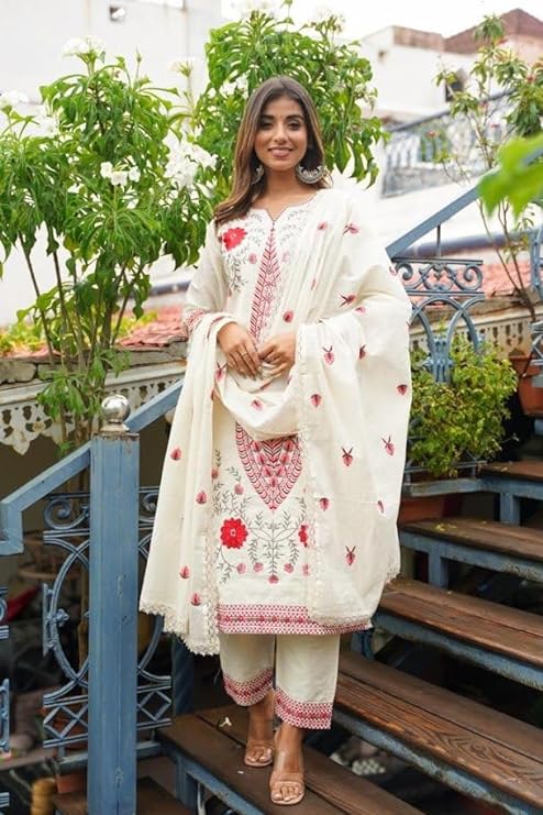 Women's Cotton Silk Flower Printed A-Line Kurta with Dupatta for Wedding, Party & Office | Ethnic Wear for Women | (Colour- White)
