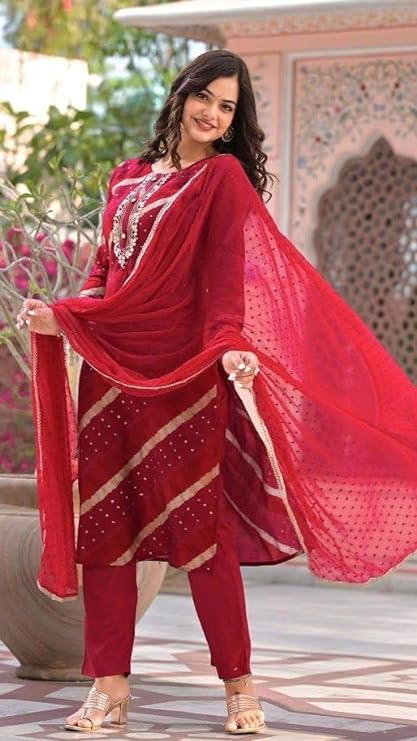 Women's Printed Cotton Silk A-Line Kurta Set with Duppata for Wedding, Party & Office | Ethnic Wear for Women | Regular Wear Kurtis for Women | (Colour-red)