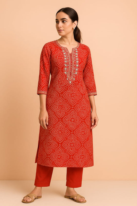 Cotton Red Kurta Pant Set Hand Embroidery
