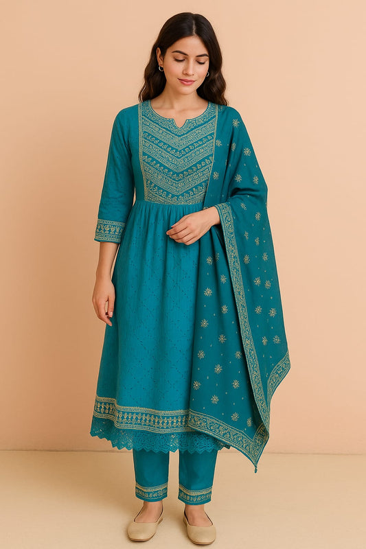 Cotton Sky Blue Full Length with Hand Embroidery