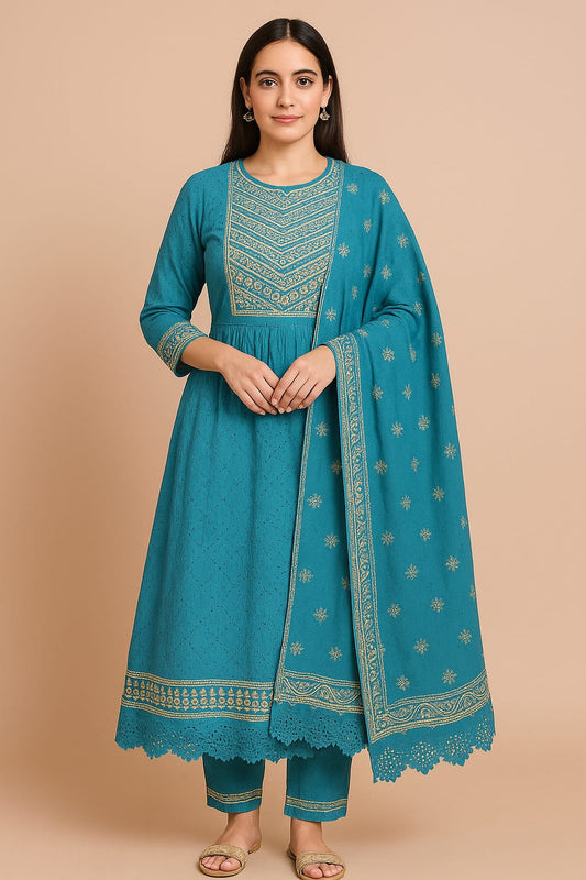 Cotton Sky Blue Full Length with Hand Embroidery