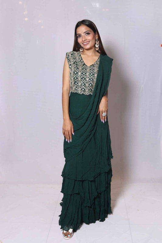 Green Skirt With Saree Look With Blouse