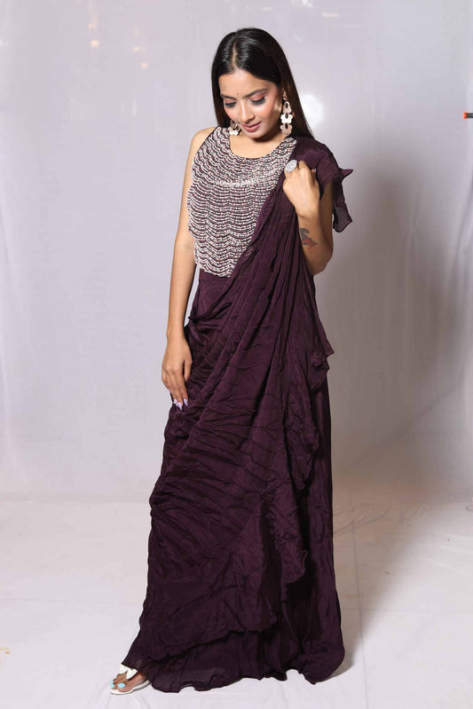 Chinnon Skirt With Saree Look With Blouse