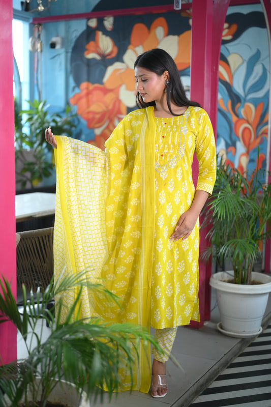 Dhriti Yellow Cotton Printed Suit Set