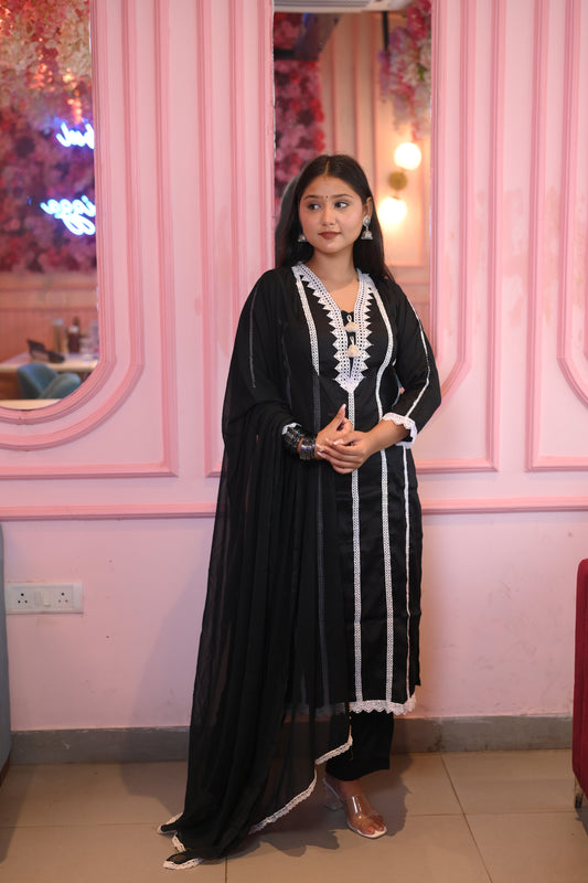 Chhavi Black Cotton Suit Set With White Lacing Work