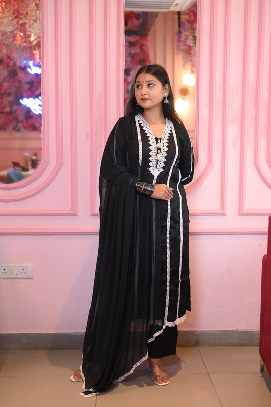 Chhavi Black Cotton Suit Set With White Lacing Work