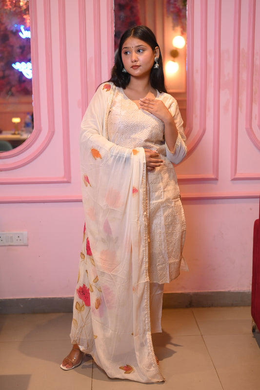 Reshami Off White Embroidered Silk Suit Set