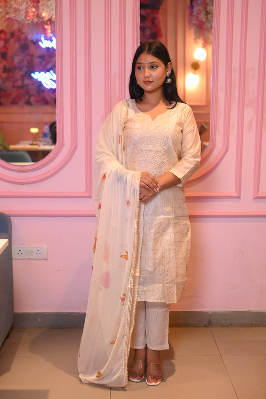 Reshami Off White Embroidered Silk Suit Set