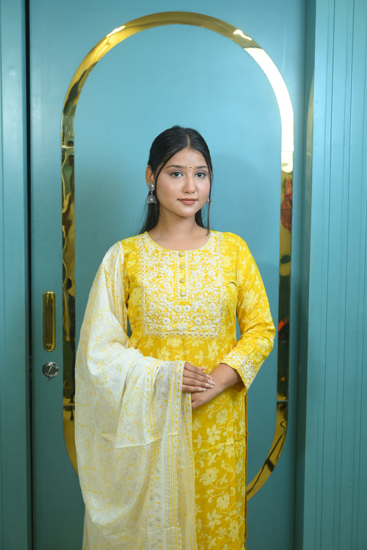 Kaynat Yellow Embroidered Cotton Suit Set