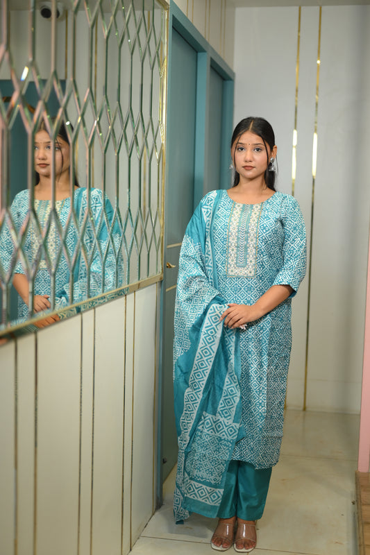Jhalak Blue Embroidered Cotton Suit Set