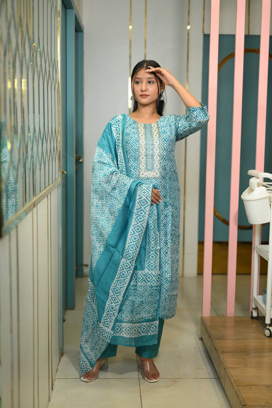 Jhalak Blue Embroidered Cotton Suit Set