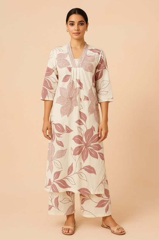 Purple Floral Printed Kurta Pant Set